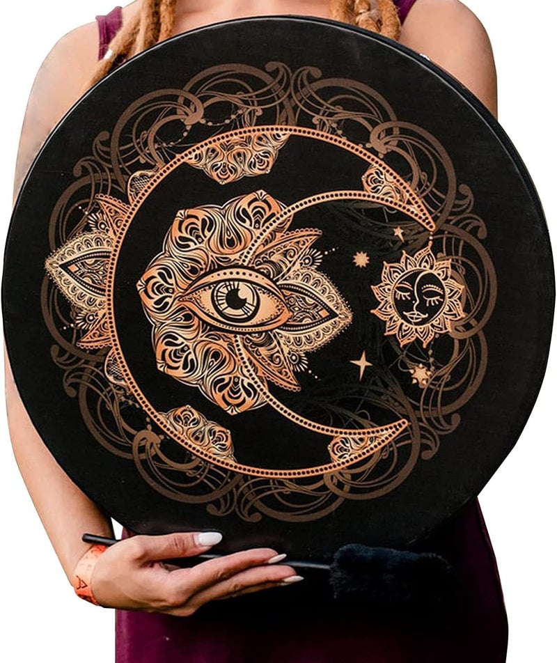 Firlar 10" Moon Phases Meditation Hand Drum Set With Drumstick - Sound Healer Shamanic Ritual Drum - Image 1